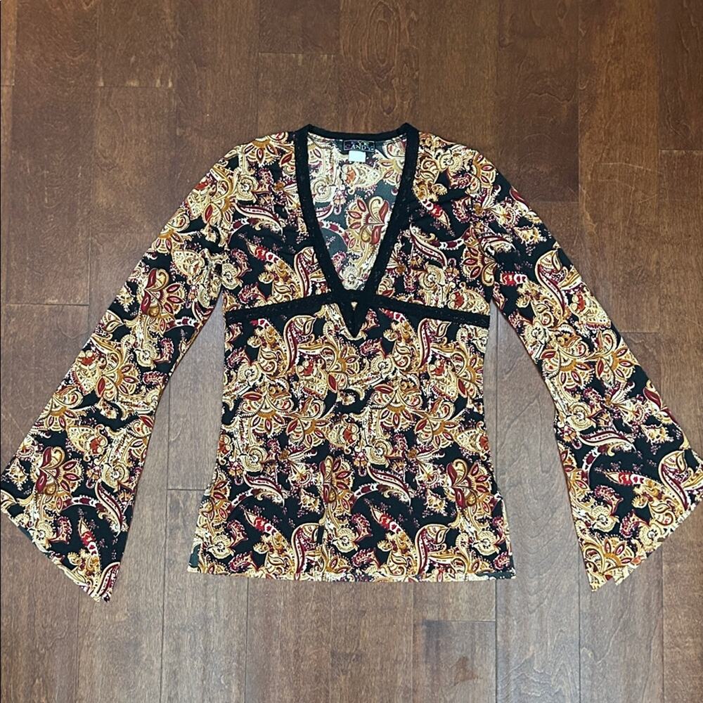Vintage 90s Eye Candy Black Burgundy Paisley V-Neck Bell Sleeve Top, Size Small
